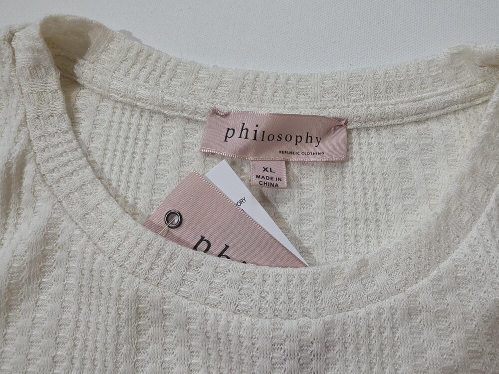 Philosophy T-Shirt Womens XL Off White Ruffle Flutter Sleeve Knit Stretch Casual